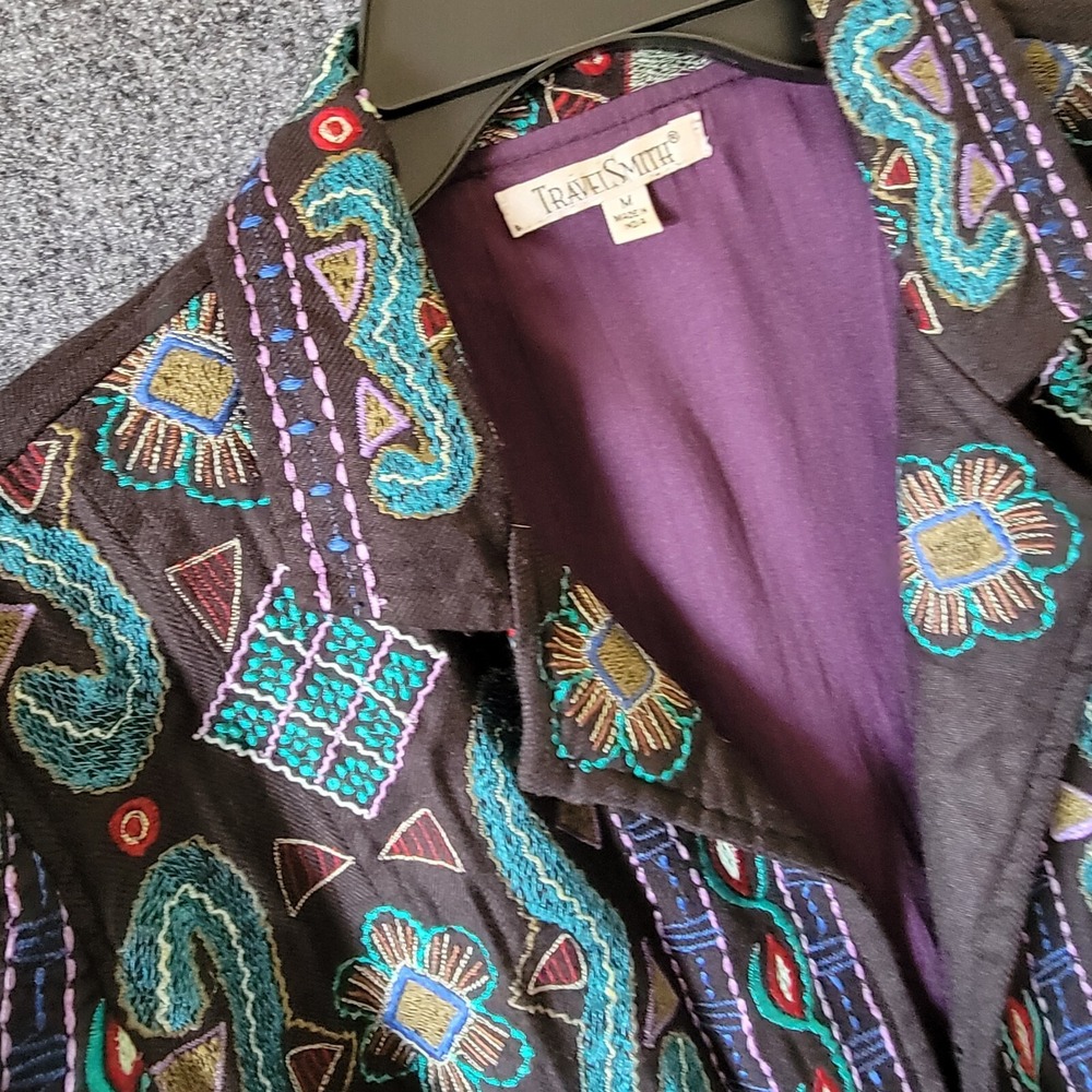 TravelSmith Vintage Embroidered Jacket Bohemian Art Wear Black Teal Purple M